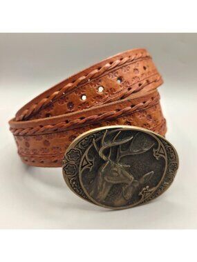 Vintage ADM Solid Brass Buckle Deer Design Tooled Leather Belt Size 38